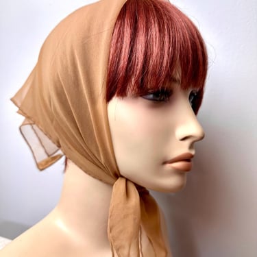 Vintage scarf~ head hair scarves~ neckerchief style 1960’s Sheer crepe nylon~ versatile multipurpose tan light brown color 60’s Mod 