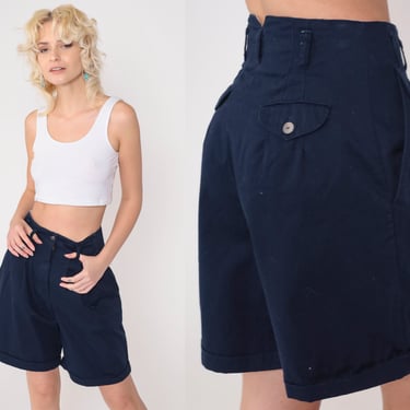 90s Trouser Shorts Navy Blue Pleated Preppy Shorts High Waisted Retro Trouser Cotton Summer Bottoms High Waist Vintage Mom 1990s Small 6 