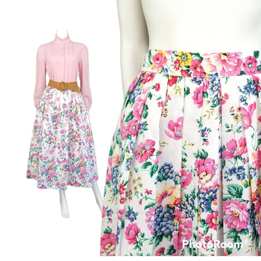 Vintage Floral Skirt, Small / 80s Pleated Skirt / Vibrant Floral Skirt / Cottagecore Skirt / Cotton Market Skirt / Fully Pleated Skirt 