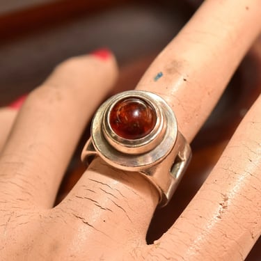Modernist Sterling Silver Amber Cabochon Ring, Chunky Silver Gemstone Ring, Square Cutout Band, Size 6 1/2 US 