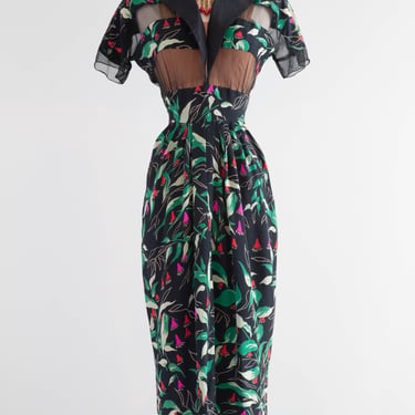 Rare 1940's Peek A Boo Floral Print Dress by Hollywood Designer Howard Greer / Medium