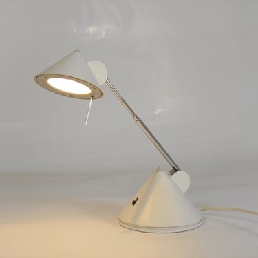 Small Vintage Ivory White Articulated Adjustable Cone Briloner Desk Lamp Reading Retro Postmodern Work Studio Mid Century Modern West German 