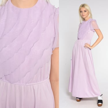Lavender Party Dress 70s Maxi Dress Asymmetrical Chiffon Ruffle Sheer Puff Sleeve High Waisted Formal Pastel Purple Gown Vintage 1970s Small 