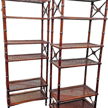 Vintage Hollywood Regency Faux Bamboo Wood & Cane 6 Tier Bookcase Etagere - Pair 