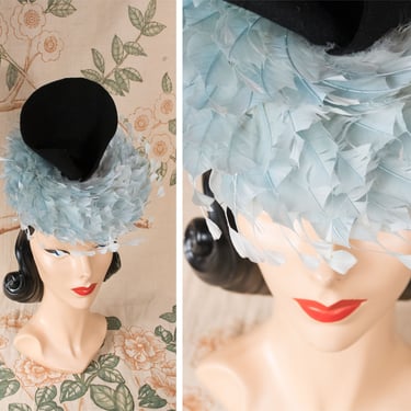 1940s Hat  - Incredible One of a Kind Vintage 40s Feathered Tilt Hat with Spiral of Spiky Pale Blue Feathers and Center Lily Petal 