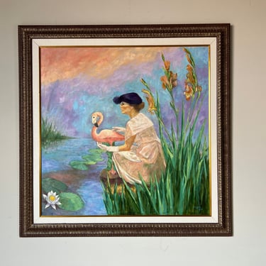1980's Carver Woman & Flamingo in a Lake Impressionist Oil Painting, Framed 