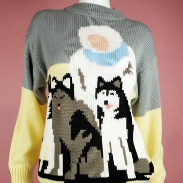 1970s husky hound sweater.  Vintage novelty sweater. Pullover, kawaii, cute animal. Siberian dogs. Knitwear. Yellow grey pastels. Size S/M 