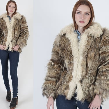 Vintage 70s Tanuki Fur Coat, Natural Real Raccoon Fur Jacket, Shaggy Mongolian Curly Lamb, Bohemian Winter Ski Trip Jacket 