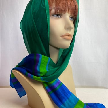 100% silk scarf Bold colorful stripes long thin rectangular head scarf neckerchief pussycat bow green blue purple hand rolled 80’s vintage 