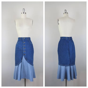 Vintage denim maxi skirt, Frederick's of Hollywood, button front, jean, chambray 