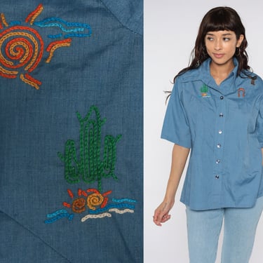 Embroidered Western Shirt 70s Rodeo Cactus Shirt Button Up Blue Short Sleeve 1970s Sun Button Up Hipster Vintage Top Desert Cowboy Large 