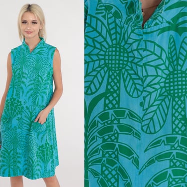 60s Mod Dress Tropical Ruth Clarage Jamaica Dress Blue Palm Tree Floral Dress Midi Boho Twiggy 1960s Vintage 70s Shift Sleeveless Medium 