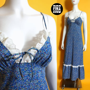 Sweet Vintage 70s Blue Ditsy Floral Maxi Sun Dress 