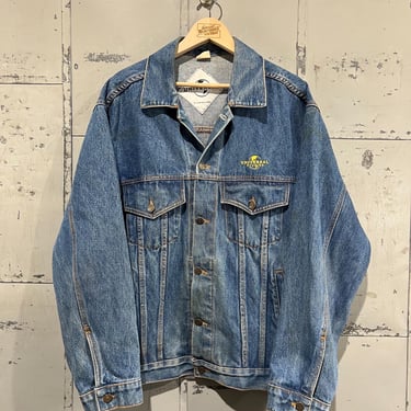 90s universal studios embroidered denim Jean jacket trucker style men’s size Large distressed faded blue 