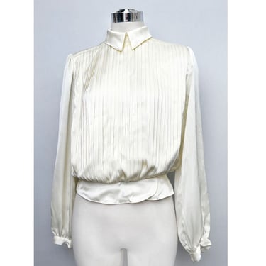 Ivory Pleated BLOUSE, Silk Like Vintage Long Full Poet Sleeves 1980's Top Shirt White 