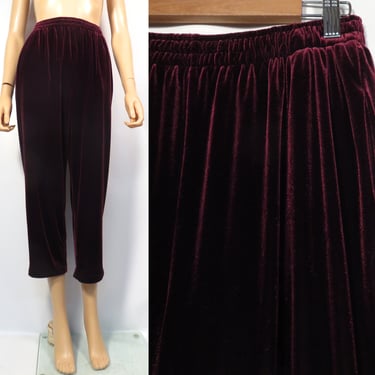 Vintage 90s Burgundy Wine Color Stretchy Velvet Elastic Waist Comfy Loungewear Pants With Pockets Made In USA Size M 