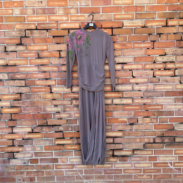 vintage 40s taupe handpainted floral rayon draped dress / xs extra small 