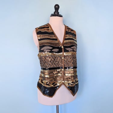 Vintage 80s Black and Gold Sequin Vest, 1980s Glam Evening Jacket 