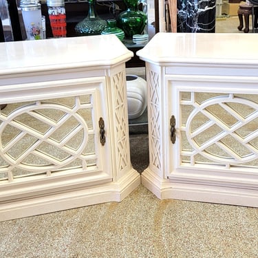 Hollywood Regency Chippendale Fretwork Mirrored Nightstands 