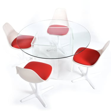 Dining Set Round Lucite Dining Table with 4 Red and White Burke Tulip Chairs 