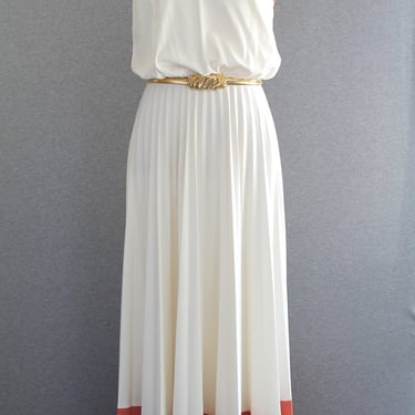 1970s - Natural White trimmed in Terracotta - Color Blocked - Pleated - Maxi - Dress 