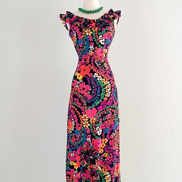 Coolest 1970's Flower Power Ruffled Maxi Dress / Sz M