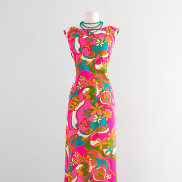 HOT 1960's Pink Psychedelic Hawaiian Gown by Malihini / M