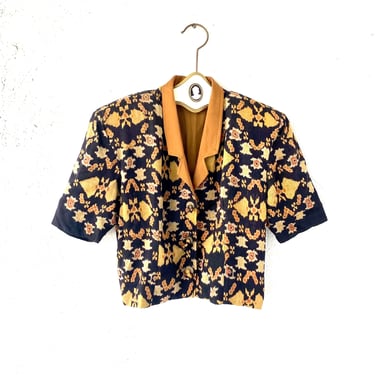 Vintage 80s Ikat Strong Shoulders Blazer Shirt Short Sleeve Jacket 