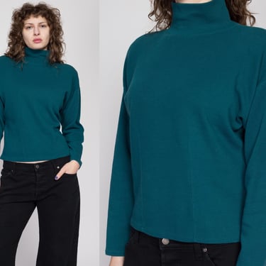 Large 90s Express Dark Teal Mockneck Top | Vintage Long Sleeve Minimalist Lightweight Sweater 