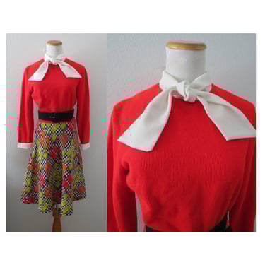 Vintage 60s Mod Dress Long Sleeves Ascot Tie Bright Plaid Print Skirt Mid Century 1960s Fall Winter Warm Size Medium 