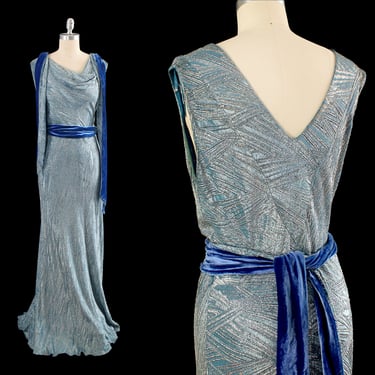 1930s Dress / 30s INCREDIBLE Colorful Metallic LAMÉ Gown / Blue Metal Bias Gown 
