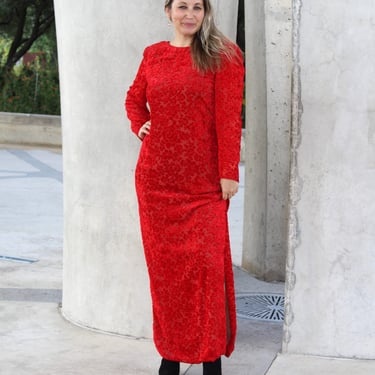 Long Sleeve Maxi Dress, Vintage Victor Costa Evening Gown, Red Flocked Velvet, Size 16 Women 