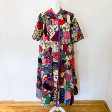 40s Amazing and Rare Silk Crazy Quilt Full Length Coat with Pockets and Purple Satin | Small/Medium/Large 
