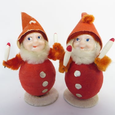 Vintage Pair of Santa Claus Putz Christmas Ornaments - Spun Cotton Elf or Santa Claus Ornaments 