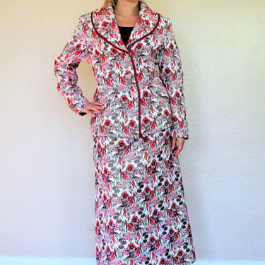 Vintage Lilli Ann Maxi Suit, Holiday Outfit, Black Red Ivory Brocade, Large Women 