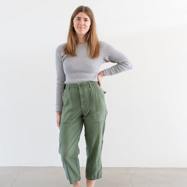 Vintage 25 26 27 Waist x 24 Inseam Olive Green Taper Crop Army Pants | Unisex Utility Fatigues Military Trouser | Button Fly | F521 