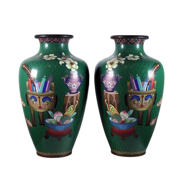 Pair of Chinese Cloisonne Vases Floral Design with Scolls & Gourd Green Art Deco 