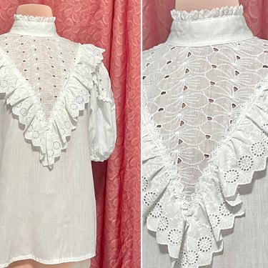 Victorian Style Blouse, High Collar Top, Tons of Ruffles, Cut Out Lace, Puff Sleeves,  Edwardian, Vintage 70s 