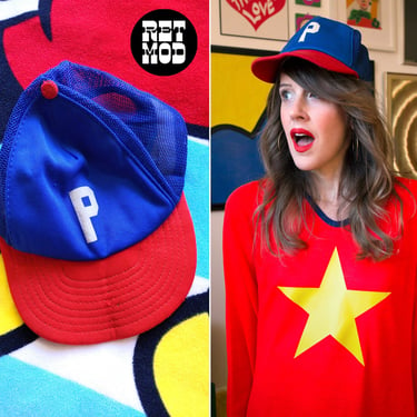 Vintage 60s 70s Blue Red Color Block Baseball Hat with the Letter P 