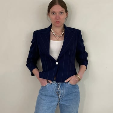 Vintage 80s Ralph Lauren Cropped Pinstripe Navy Blue Wool Blazer | made in USA size 4 Small