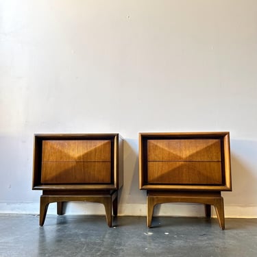 Vintage Mid Century Modern Walnut Diamond Front Nightstands By United Furniture circa 1960 