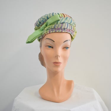 1960s Green Striped Ruched Hat 