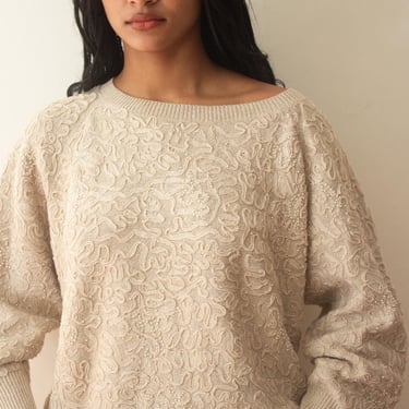 1990s Donna Karan Cotton Ribbon Applique and Pearl Beaded Sweater 