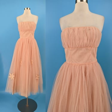 Fifties XXS Pale Pink Strapless Tulle Prom Dress - 50s Formal Full Skirt Dress 