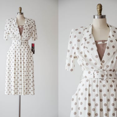 white polka dot dress | 80s 90s vintage Pretty Woman style brown belted fit and flare cute cottagecore midi dress 