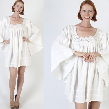 Large Kimono Sleeve Off White Gauze Mini Dress Oversized Crochet Mexican Angel Tropical Vacation Cover Up 