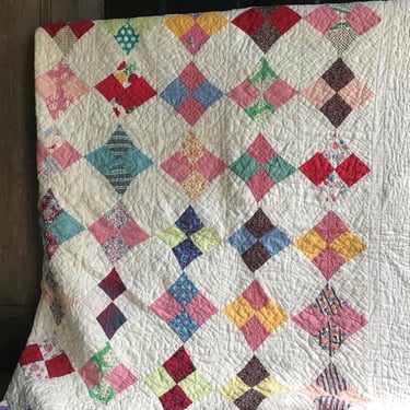 Antique Cotton Quilt, Diamond Patchwork, Colorful Americana Folk Art, 72 x 78, ca 1920s, IW 