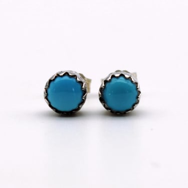 Vintage D Guerro sterling turquoise studs, simple Navajo saw tooth 925 silver blue cab earrings 