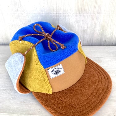 Handmade Patchwork  Blue, Yellow, Brown Fleece 5 Panel Earflap Hat, Winter Baseball Cap, Polar Fleece Trapper Hat, Camp Cap, Gift for him 
