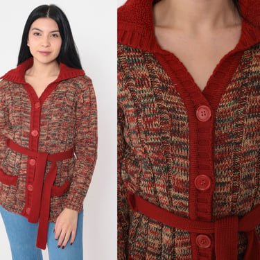 Red Space Dye Cardigan 70s Belted Button Up Knit Sweater Ribbed Hippie Cozy Retro Bohemian Fall Acrylic Knitwear Vintage 1970s Medium M 